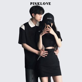 Đồ cặp nam nữ PINKLOVE set đồ đôi Polo áo nam váy nữ ôm body màu đen trắng cho cặp đôi P020