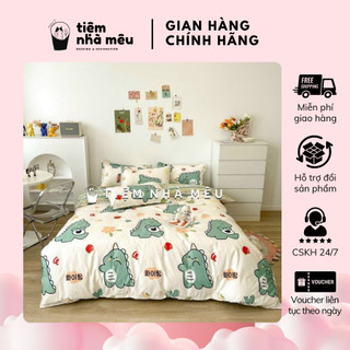 Bộ 4 Món Vỏ Chăn Ga Gối Cotton 3D 80% Hoạ Tiết Dino Xanh Dễ Thương Cao Cấp Nhập Khẩu Tiệm Nhà Mêu