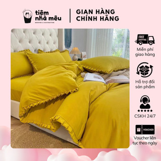 Bộ  4 Món Vỏ Chăn Ga Drap Gối Cotton TC Viền Bèo Trơn Basic Dễ Thương Cao Cấp Fullsize m6m82m Tiệm Nhà Mêu