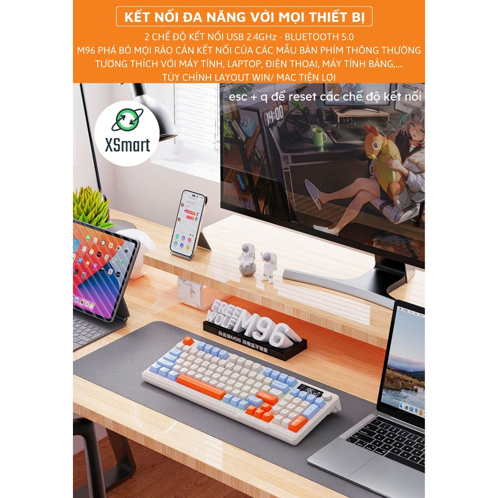 Bộ Bàn Phím Không Dây Bluetooth M96 LED 7 Màu Có Màn Hình, 2 Mode, Phím PBT Cao Cấp, Gõ Êm Chống Ồn Cho Win/ Mac OS | BigBuy360 - bigbuy360.vn