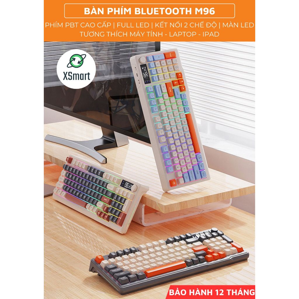 Bộ Bàn Phím Không Dây Bluetooth M96 LED 7 Màu Có Màn Hình, 2 Mode, Phím PBT Cao Cấp, Gõ Êm Chống Ồn Cho Win/ Mac OS | BigBuy360 - bigbuy360.vn