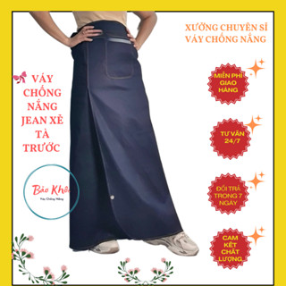 Váy chống nắng Jean FreeSize xẻ tà trước cố định bằng miếng dán kết hợp với nút bấm, chất vải dày dặn chống nắng cực tốt