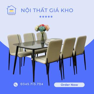 Bộ bàn ăn mặt đá Ceramic bóng kết hợp ghế Vertical