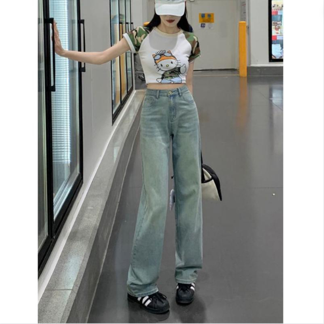 Quần Jean Nữ Retro Wash Mèo Màu Xanh Rêu Kiểu Dáng Suông Rộng Phong Cách Trẻ Trung