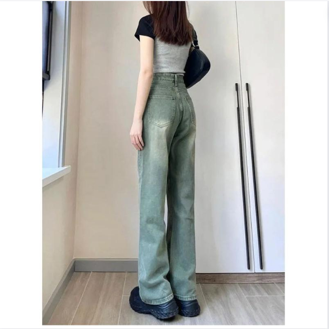 Quần Jean Nữ Retro Wash Mèo Màu Xanh Rêu Kiểu Dáng Suông Rộng Phong Cách Trẻ Trung