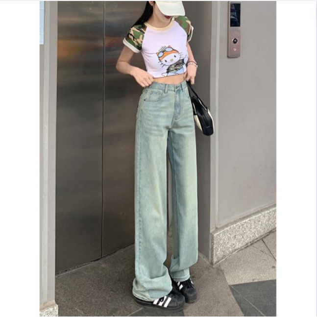 Quần Jean Nữ Retro Wash Mèo Màu Xanh Rêu Kiểu Dáng Suông Rộng Phong Cách Trẻ Trung