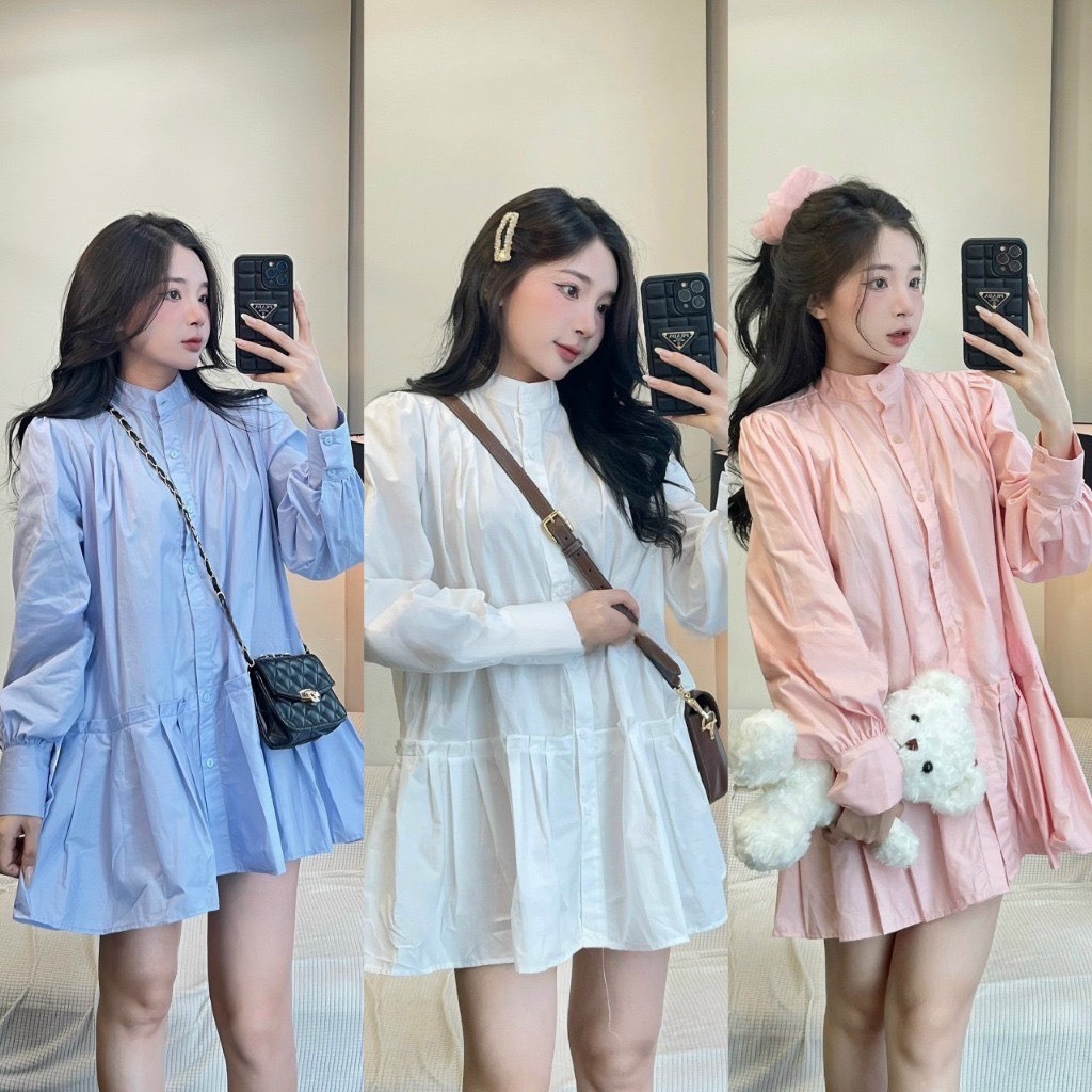 [Hàng Shop]: Váy Sơ Mi Cổ Tàu Babydoll Dáng Rộng 3 Màu Hồng, Trắng, Xanh Baby Cute (Ảnh Thật Trải Sà