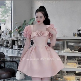 Đầm xòe tay phối bèo kết bông nơ ngực có mút và lót kèm phụ kiện 32239
