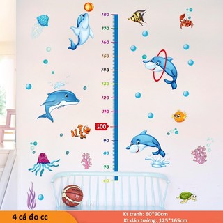 Tranh decal dán tường 4 CÁ HEO đo chiều cao các loại cho bé - Loại to
