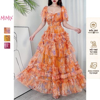 Đầm maxi MIMIX lưới hoa tầng cổ vuông phối tay lửng DE9285
