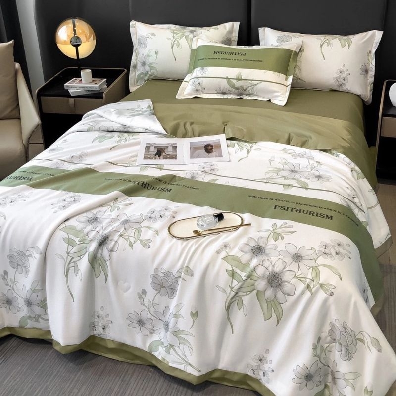 Bộ chăn ga gối lụa thái nhập khẩu cao cấp, chất liệu lụa thái mềm mịn, thoáng mát, chăn đã có ruột s