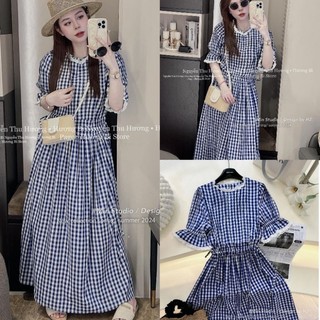 Váy Đầm Nữ Maxi Kẻ Xanh Phối Tay Ren Chít Eo Size S M - Halinh Shop - Váy Kẻ Xanh Phối Ren Dáng Dài