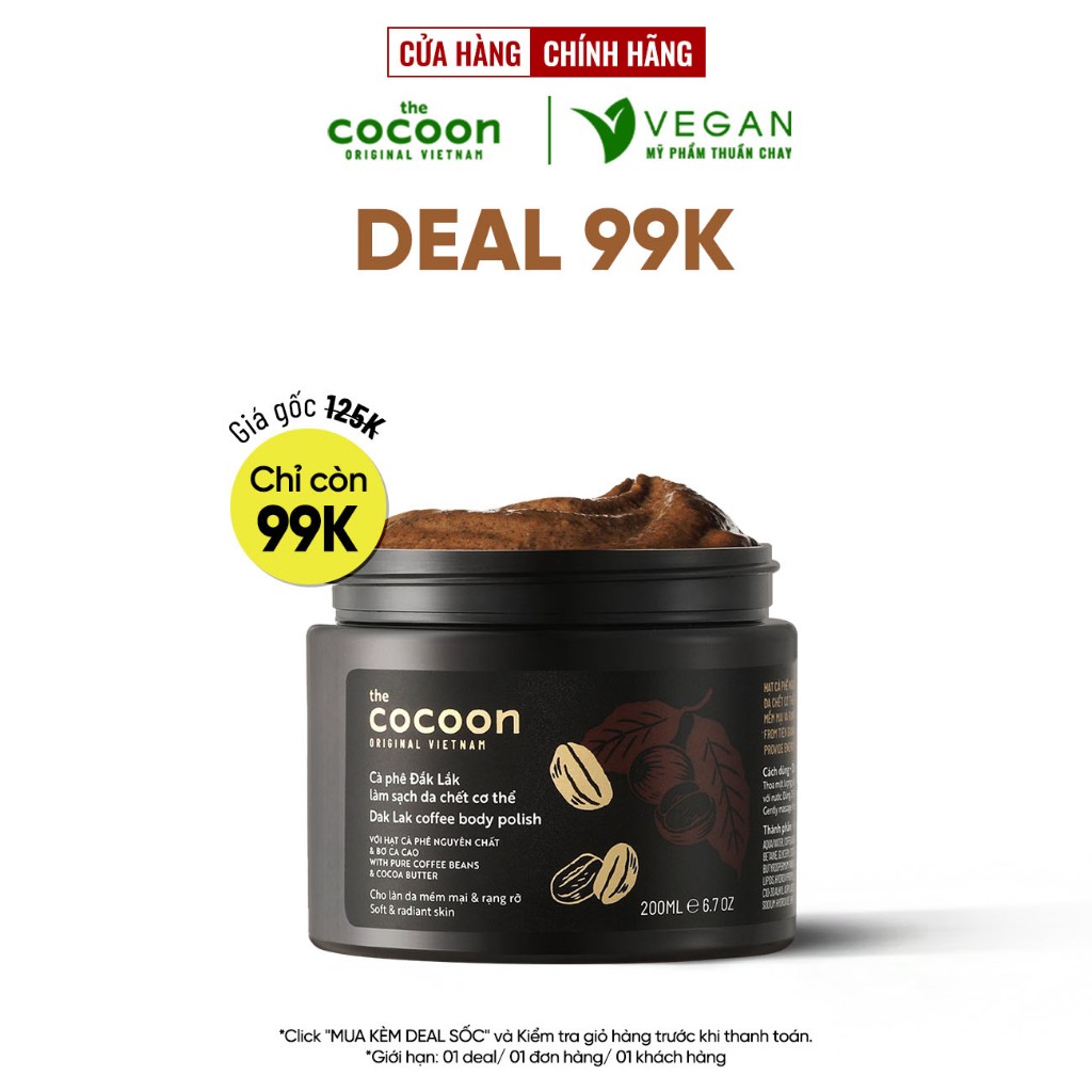 [NhậpVEGAN30K giảm 30k đơn từ 150k]Cà phê Đắk lắk làm sạch da chết COCOON 200ml (Dak lak coffee body polish)