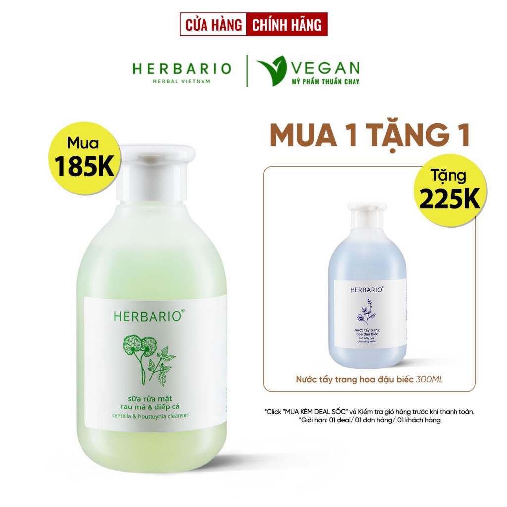 Sữa rửa mặt Rau má & Diếp cá herbario 200ml sạch mụn thuần chay