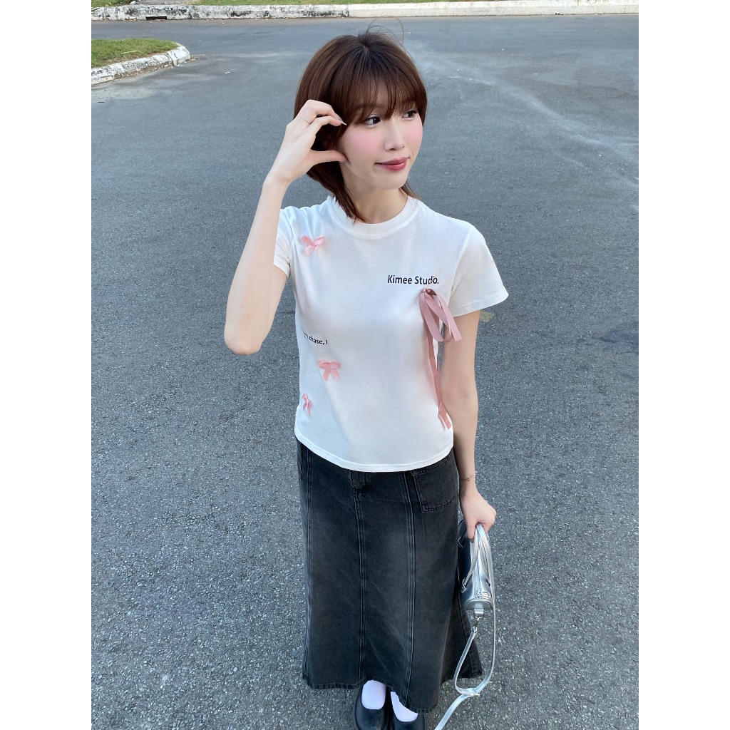 Áo baby tee brandy coquette phối nơ siêu xinh vải thun cotton | BigBuy360 - bigbuy360.vn