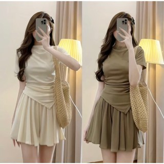 Set áo cổ thuyền ôm eo hack dáng, áo vạt chéo nhúm eo kèm quần sooc có bigsize