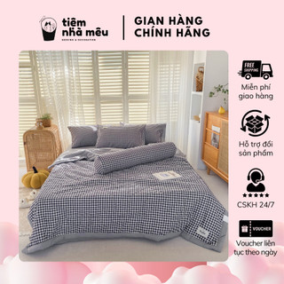 Bộ Chăn Chần Ga Gối Cotton Đũi 4/5 Món Kẻ Sọc Hello Basic Mềm Mát Tiệm Nhà Mêu Fullsize Cao Cấp
