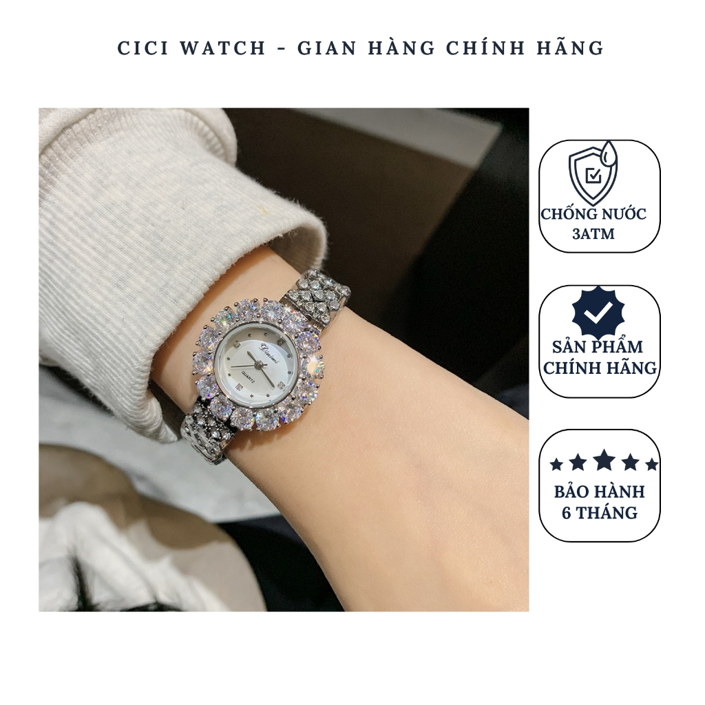 Đồng hồ nữ chính hãng đeo tay thời trang, đồng hồ nữ dây kim loại mặt tròn đính đá sang chảnh DINIMI 8245 - BH 6 tháng