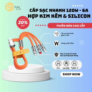 Dây Cáp Sạc Nhanh 120W 3 Đầu Sạc Bằng Hợp Kim Kẽm Và Silicon Dài 1m2 Chống Đứt, Chống rối phiên bản nâng cấp