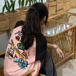 Foucs local brand áo phông raglan nữ khâu màu hồng đen in ấn ấo thun form rộng 100%cotton