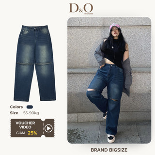Quần Jean Ống Rộng Bigsize 55-84kg Lưng Cao Tôn Dáng Xanh Đậm Rách 2 Gối 3265 Không Giãn Dài 105cm