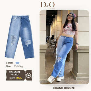 Quần Jean Ống Suông Rộng Bigsize 55-84kg Dài Xanh Ombre Rách 3017 Lưng Cao Tôn Dáng Dài 105cm