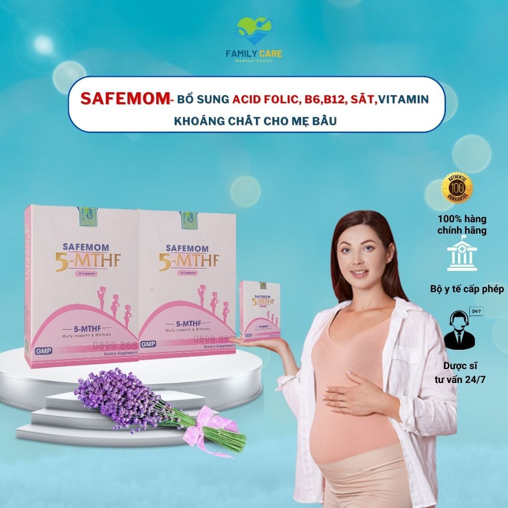 Sắt bầu-SAFEMOM 5-MTHF - Bổ sung Vitamin (B6, B12, E) Folate, Sắt và Khoáng chất cho mẹ bầu - Phòng ngừa dị tật thai nhi