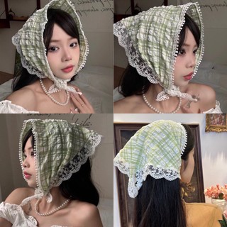 [Tím.Little] Khăn bandana turban trùm đầu caro viền ren tiểu thư