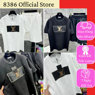 Bộ Thun Nam LV vân nổi áo cổ tròn Siêu Đẹp, Bộ Hè Nam có họa tiết Chất Liệu Vải Cotton Cao Cấp