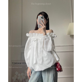 ( LINK MỚI ) Áo somi trễ vai tay bồng đính nơ