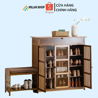 Tủ giày gỗ tre cửa mở kích thước 99x100cmx33cm kèm đôn ngồi xỏ giày cao cấp - Kệ giày dép 4,5 tầng đa dạng kích thước