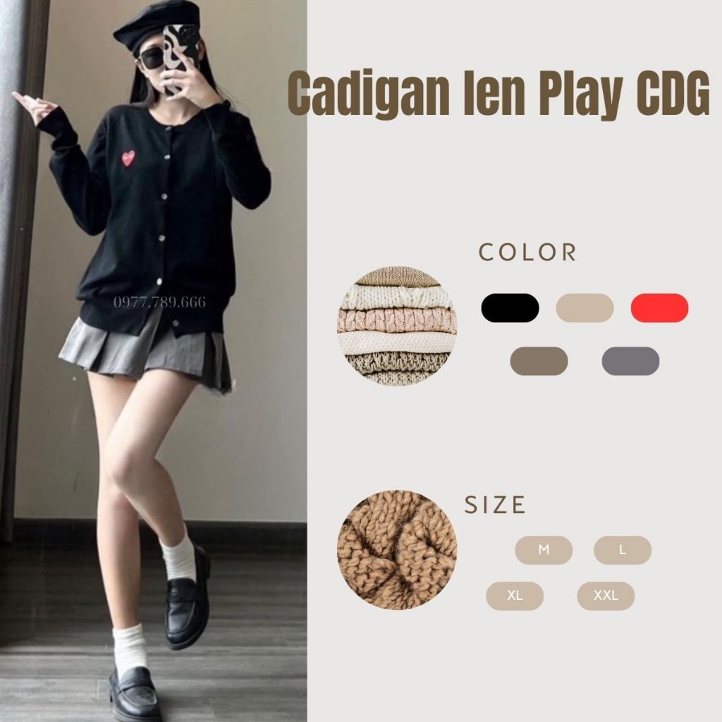 Áo Cadigan Len Play CDG Thêu Trái Tim Cổ Tim