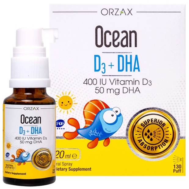 Orzax Ocean D3 + DHA dạng xịt cho bé - Giúp hấp thu canxi, tăng chiều cao, phát triển trí não và thị