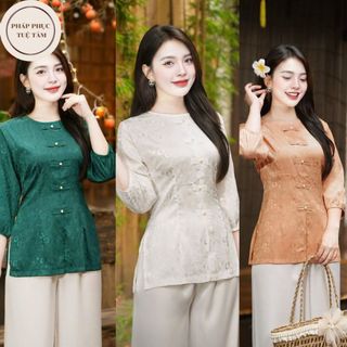 Bộ quần áo đi chùa chất liệu lụa gấm tay bo , Áo bà ba cách tân sang trọng - Pháp phục Đi Lễ