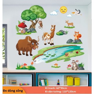 Tranh decal dán tường ĐỘNG VẬT DÒNG SÔNG decal cho bé - decal Phòng khách