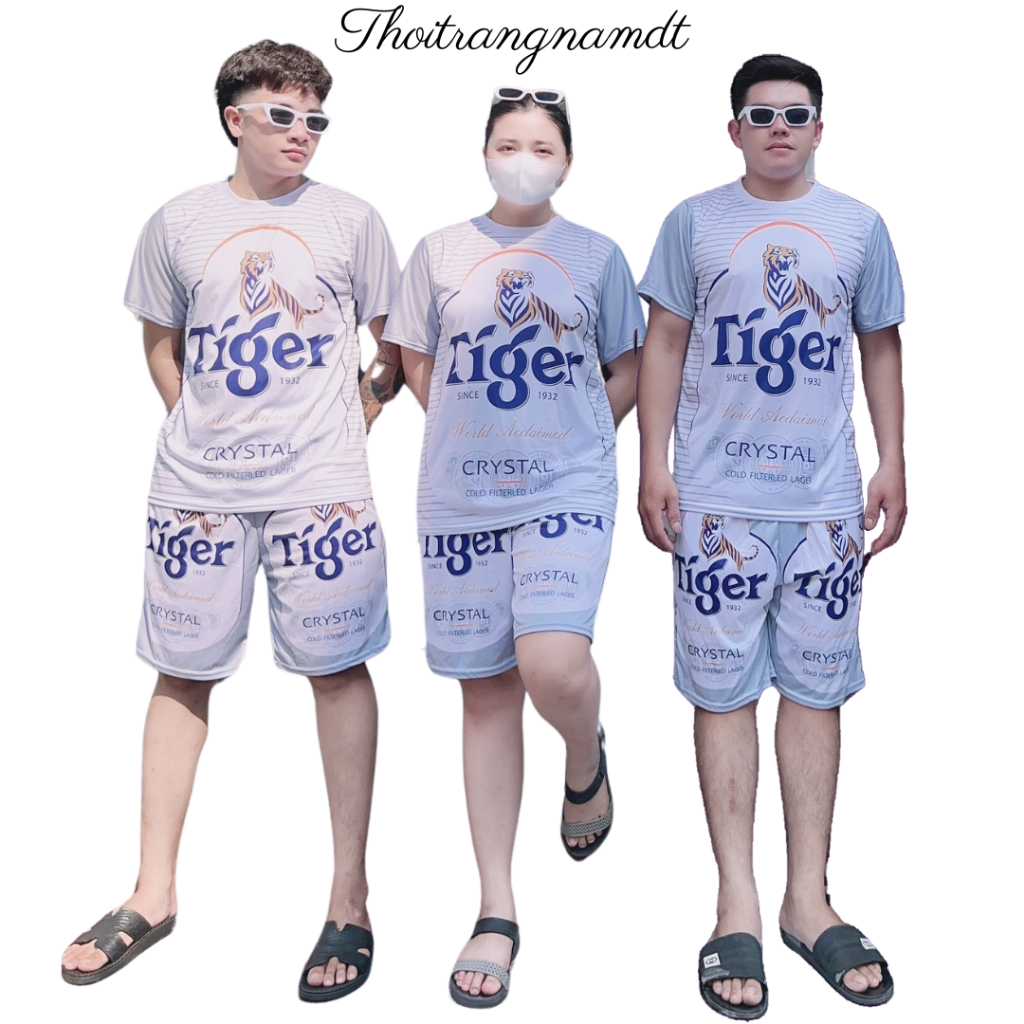 Sét Đồ bộ Đùi BIA TIGER BẠC nam Unisex mặc cặp đôi, gia đình cộc tay Nguyên Bộ Thẻ Thao Đa Bóng có 5 size