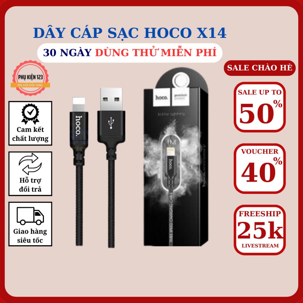 Dây sạc chính hãng Hoco X14 sạc nhanh hỗ trợ sạc cho điện thoại IP chiều dài 1m chất liệu dây dù chống đứt-Phụ Kiện 123