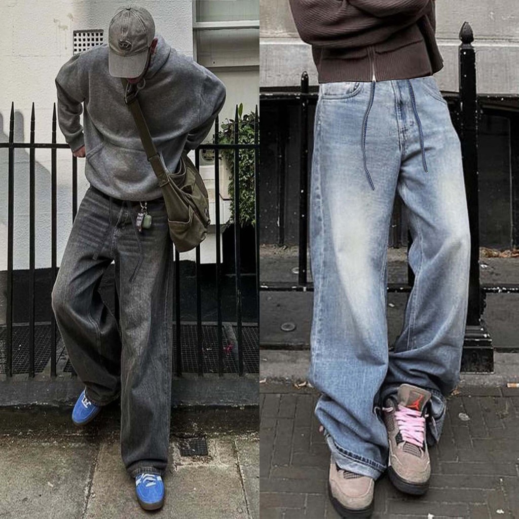 Quần Jeans Ống Rộng Nam Nữ Reetro Baggy Jeans Cạp Cao Kèm Dây