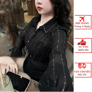 Áo sơ mi lụa nữ đính đá sọc kẻ dài tay dáng dài oversize giấu quần tiểu thư