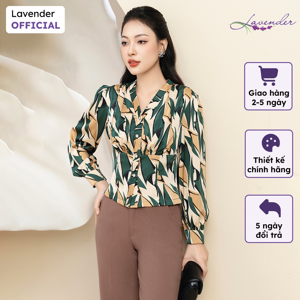 Áo sơ mi công sở nữ chấm bi LAVENDER kiểu dáng triết eo họa tiết xanh nâu cổ V A3030