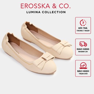 Erosska Lumina - Giày búp bê nữ đế bệt mũi tròn đính nơ xinh xắn màu kem - EF020