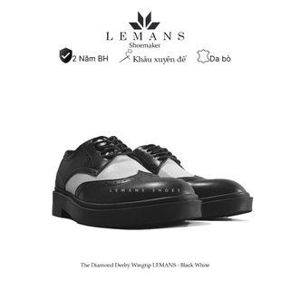 Giày Derby Wingtip Black White LEMANS, Da bò đế Lemans tăng cao 4cm Bảo hành chính hãng 24 tháng