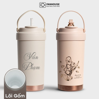 Ly giữ nhiệt Lily inox 316 lõi tráng sứ, cốc giữ nhiệt 500ml cao cấp có ống hút Fan House khắc tên theo yêu cầu