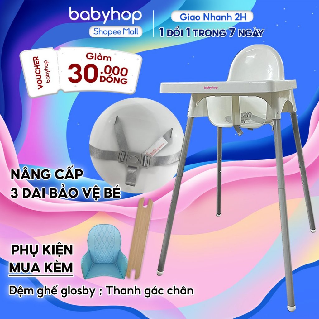 Ghế ăn dặm, bàn ăn cho bé Babyhop kèm mặt bàn, điều chỉnh 2 nấc, 3 dây đai an toàn sử dụng cho trẻ em từ 6 tháng->3 tuổi