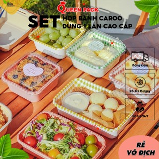SET 50 Hộp Bánh Bento Sọc Caro Vuông/Chữ Nhật Họa Tiết 450ml, Hộp Đựng Bánh Kem Tiramisu, Mousse Bento