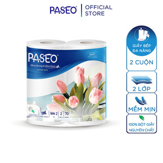 Giấy bếp đa năng cao cấp Paseo lau dầu mỡ, thấm hút nhanh, trơn/in hoa (2 cuộn 2 lớp 70 tờ)/lốc
