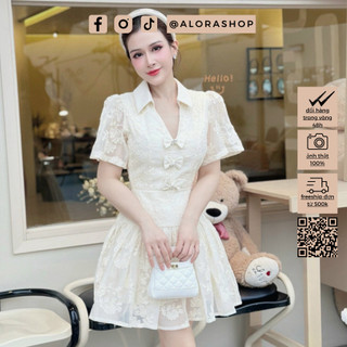 Váy ren cổ bẻ dáng xòe đuôi cá hoa nổi đính nơ thời trang nữ Alora