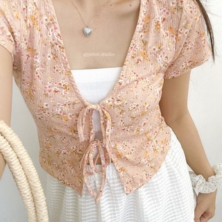 (KHÔNG KÈM ÁO LÓT) Áo croptop hoạ tiết hoa nâu cam thiết kế buộc nơ trước ngực basic phong cách tiểu thư