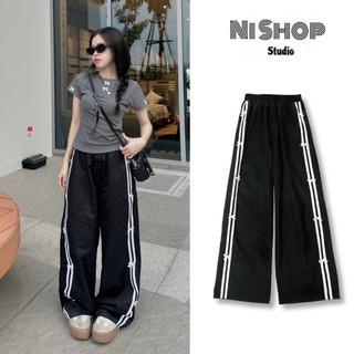 Quần 3 line ống rộng unisex, lưng thun có dây rút