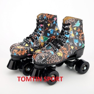 Giày patin 4 bánh 2 hàng người lớn thân chất liệu da hoa văn graffiti cao cấp
